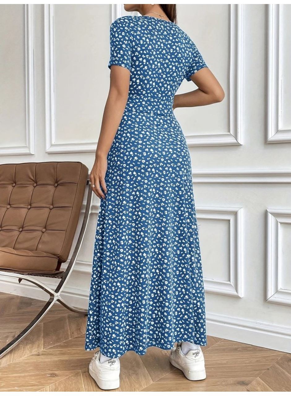 Kadın Kısa Kollu Kruvaze Yakalı çiçek Desenli Süprem Elbise