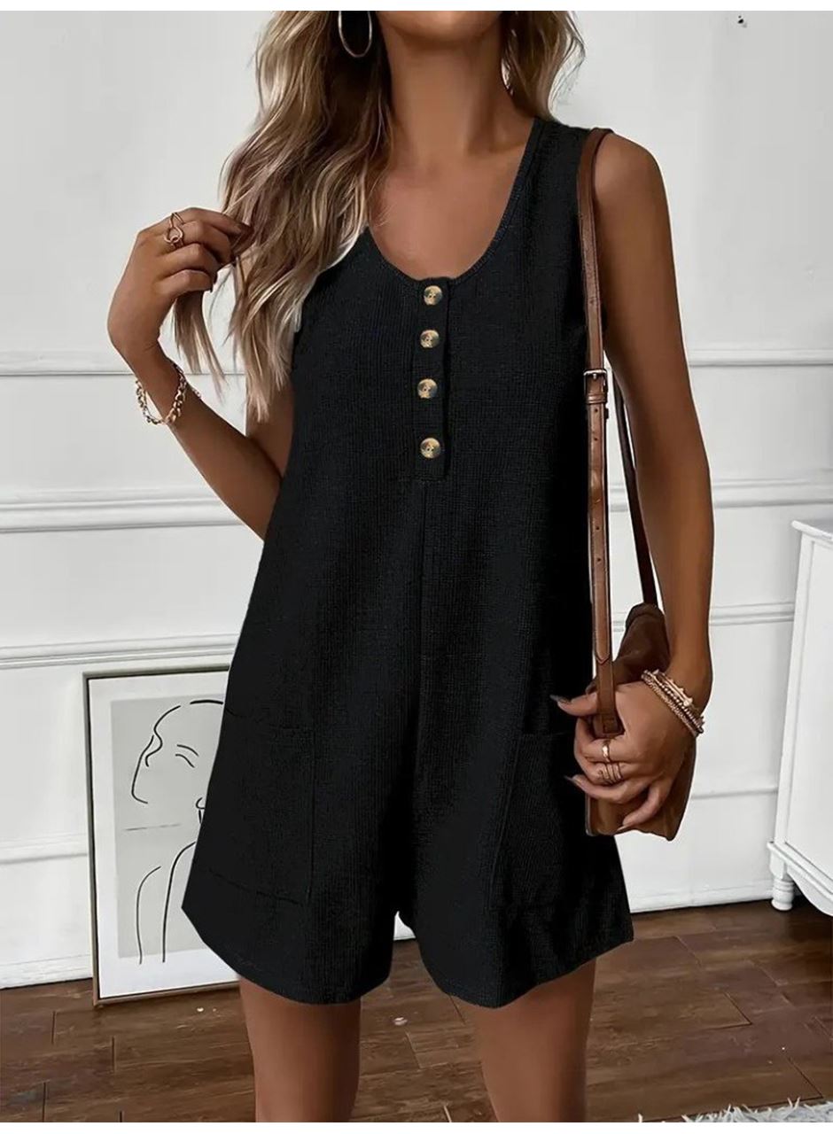 Kadın Askılı Yuvarlak Yaka Düğmeli Waffle Kısa Tulum