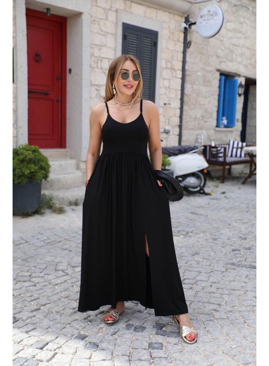 Kadın Sırttan çapraz Bağcıklı Yırtmaçlı Cepli Viskon Elbise