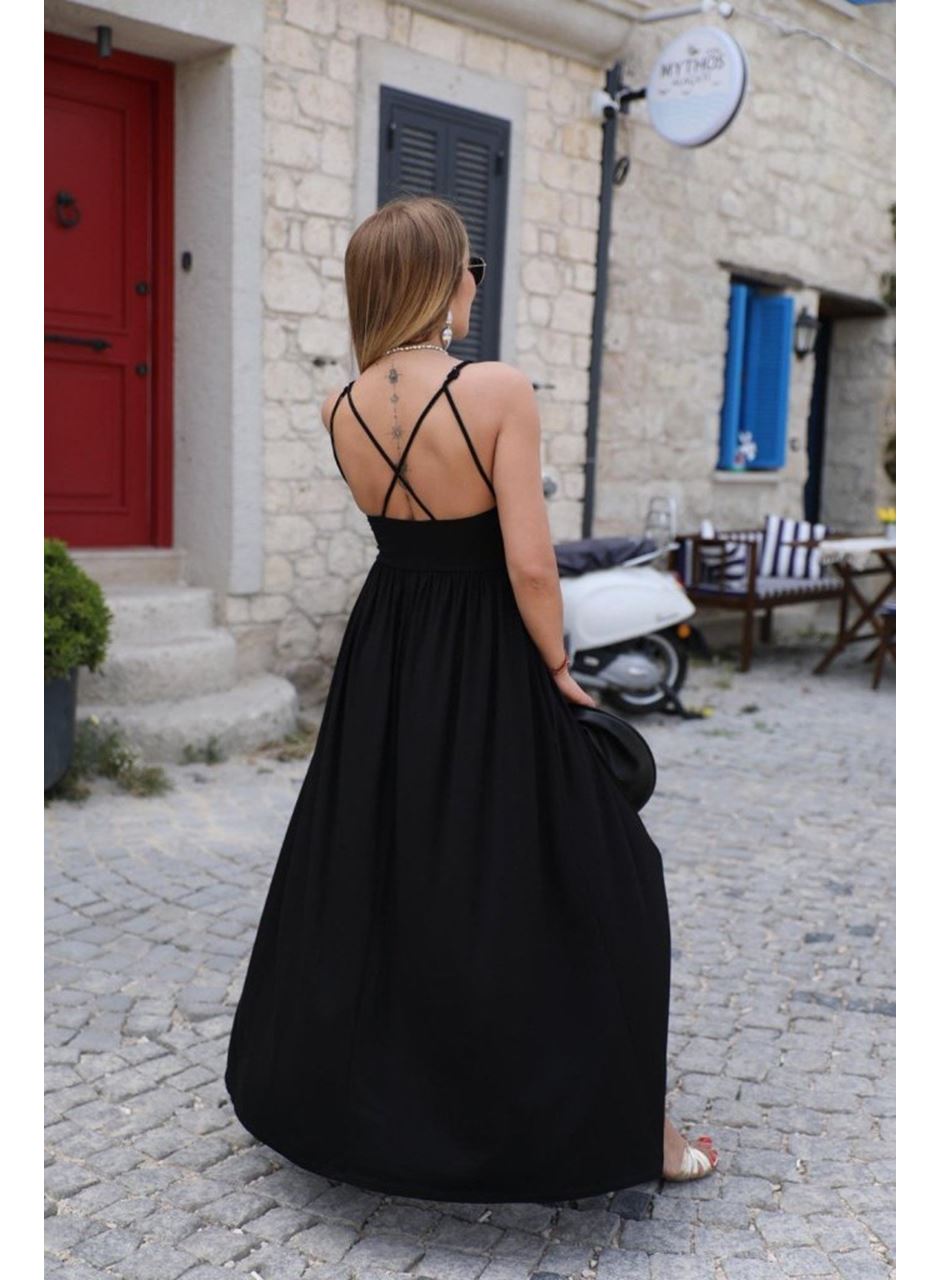 Kadın Sırttan çapraz Bağcıklı Yırtmaçlı Cepli Viskon Elbise