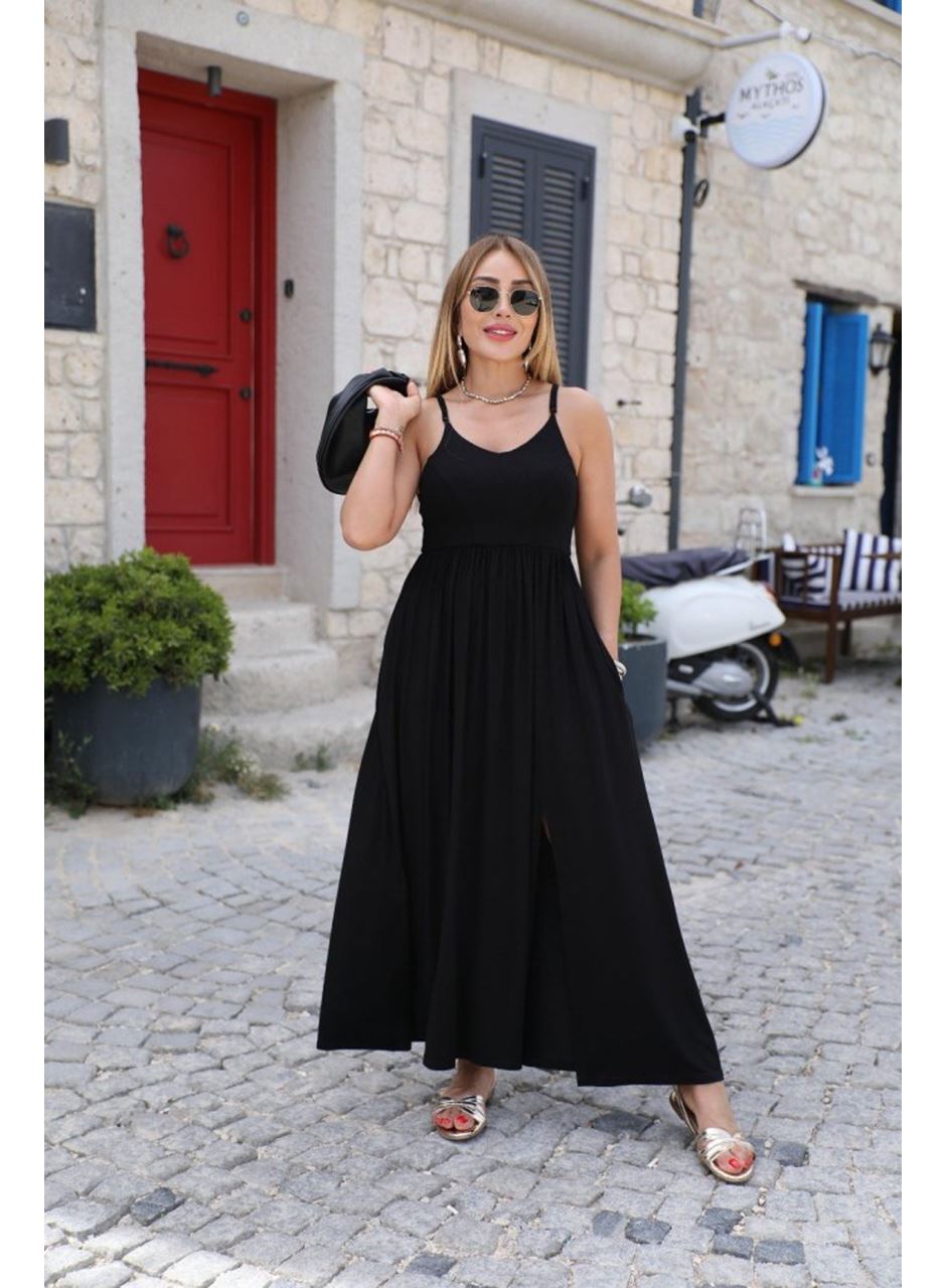 Kadın Sırttan çapraz Bağcıklı Yırtmaçlı Cepli Viskon Elbise