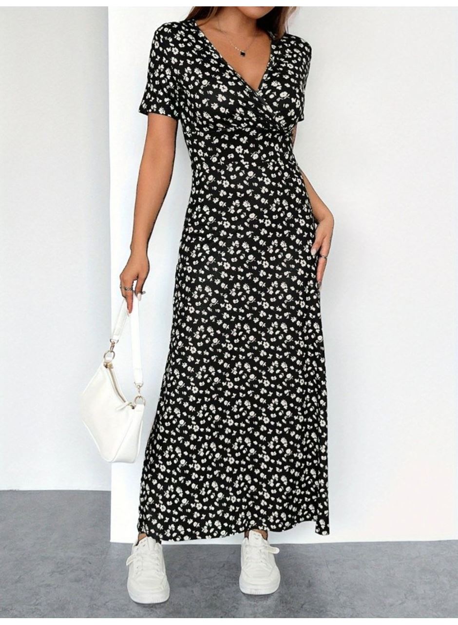 Kadın Kısa Kollu Kruvaze Yakalı çiçek Desenli Süprem Elbise