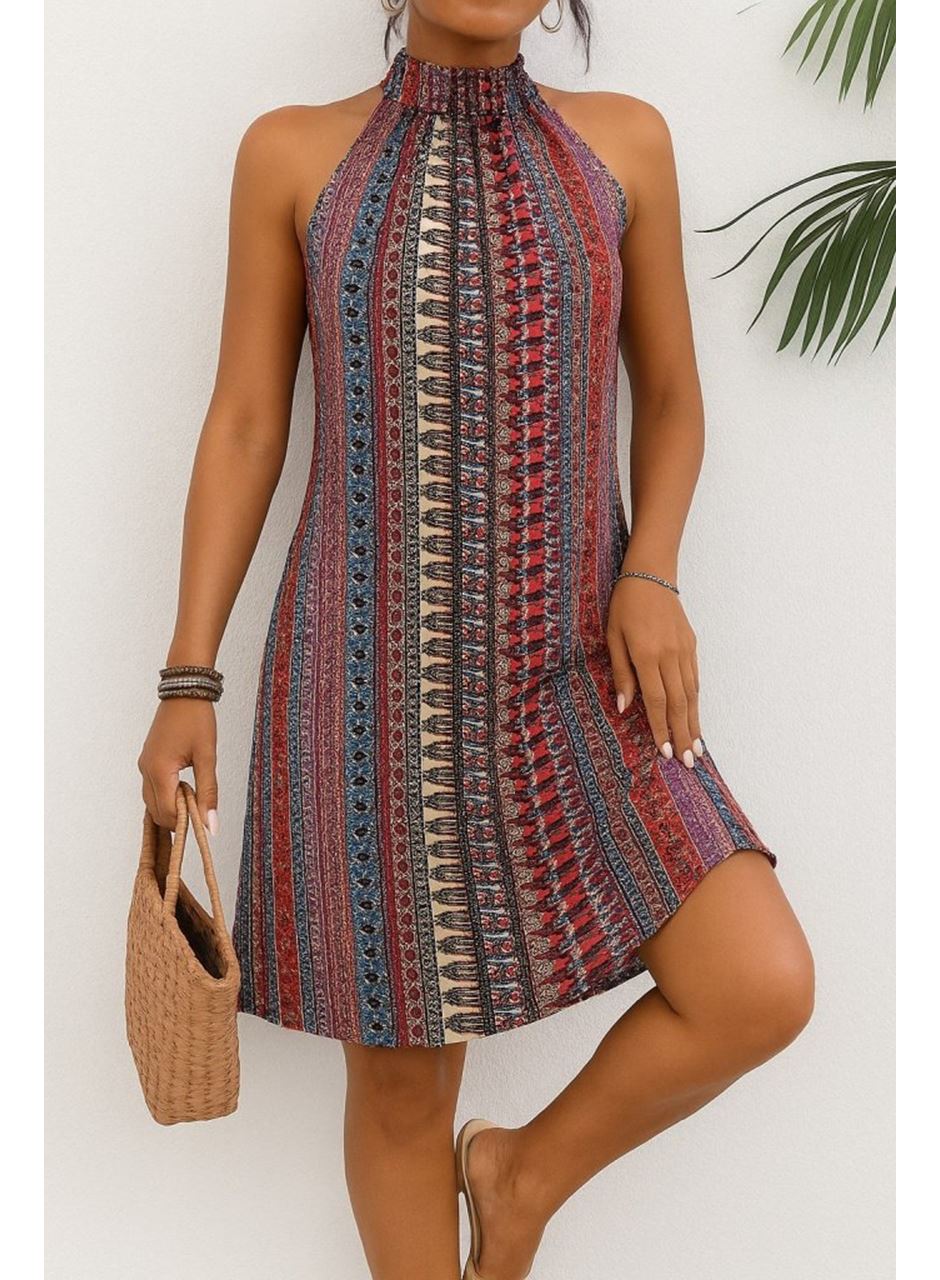 Kadın Kolsuz Boyundan Askılı Desenli Midi Süprem Elbise