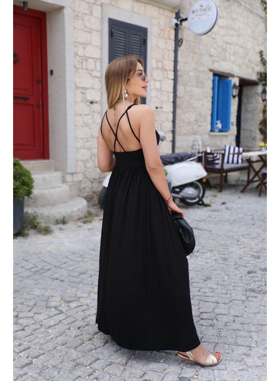 Kadın Sırttan çapraz Bağcıklı Yırtmaçlı Cepli Viskon Elbise