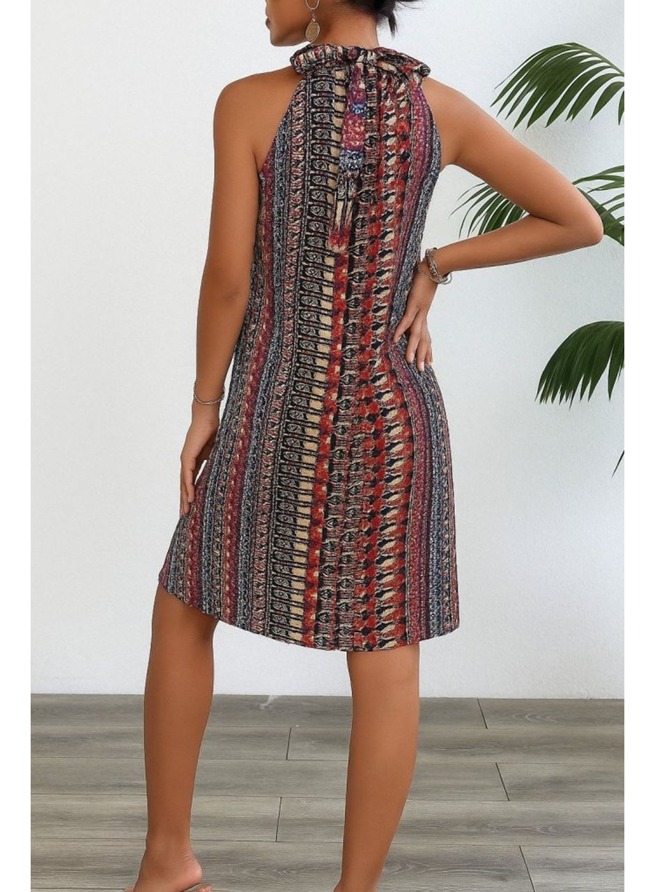 Kadın Kolsuz Boyundan Askılı Desenli Midi Süprem Elbise