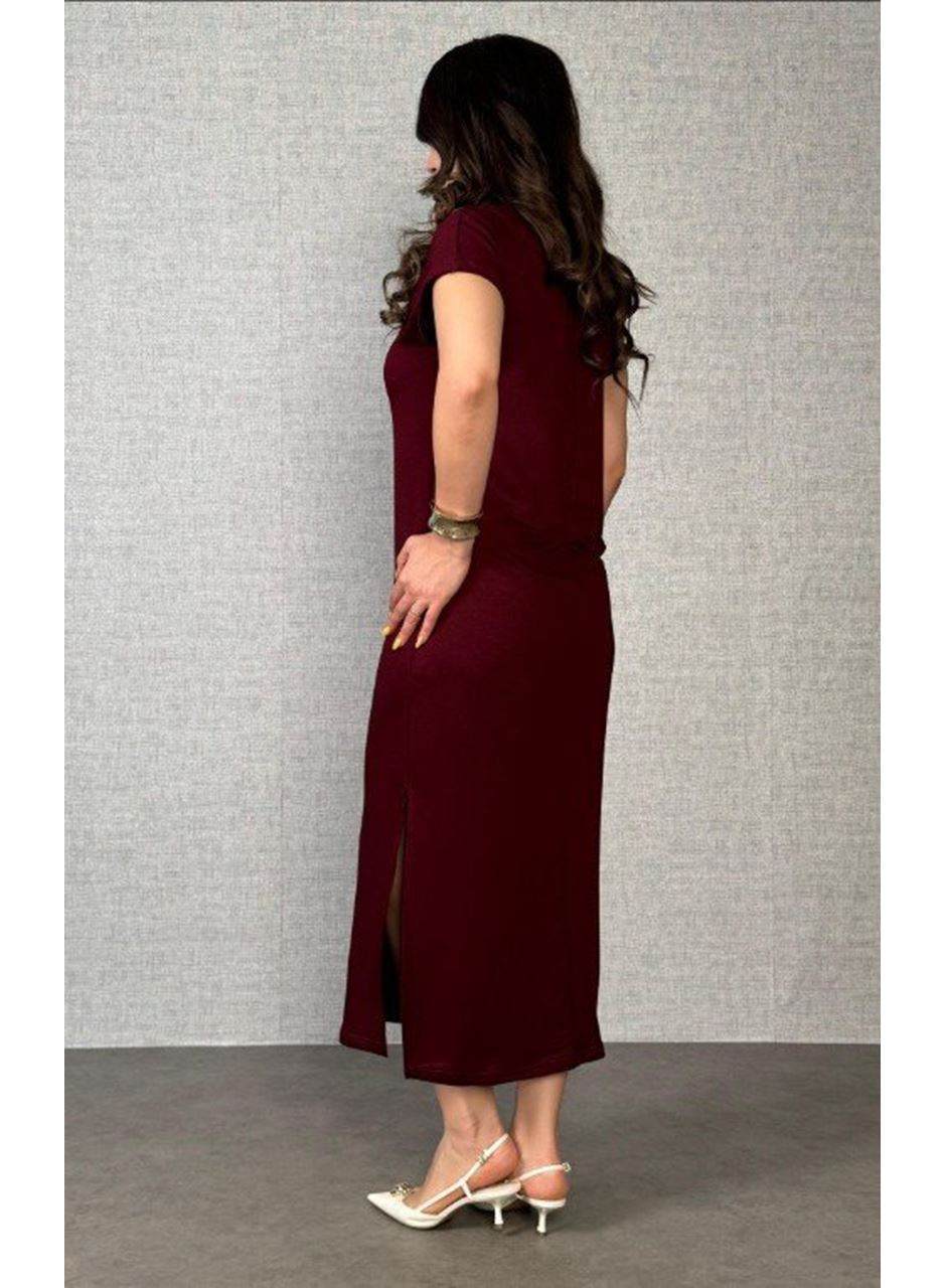 Kadın Kısa Kollu Yakalı Yandan Yırtmaçlı Viskon Iki Iplik Elbise