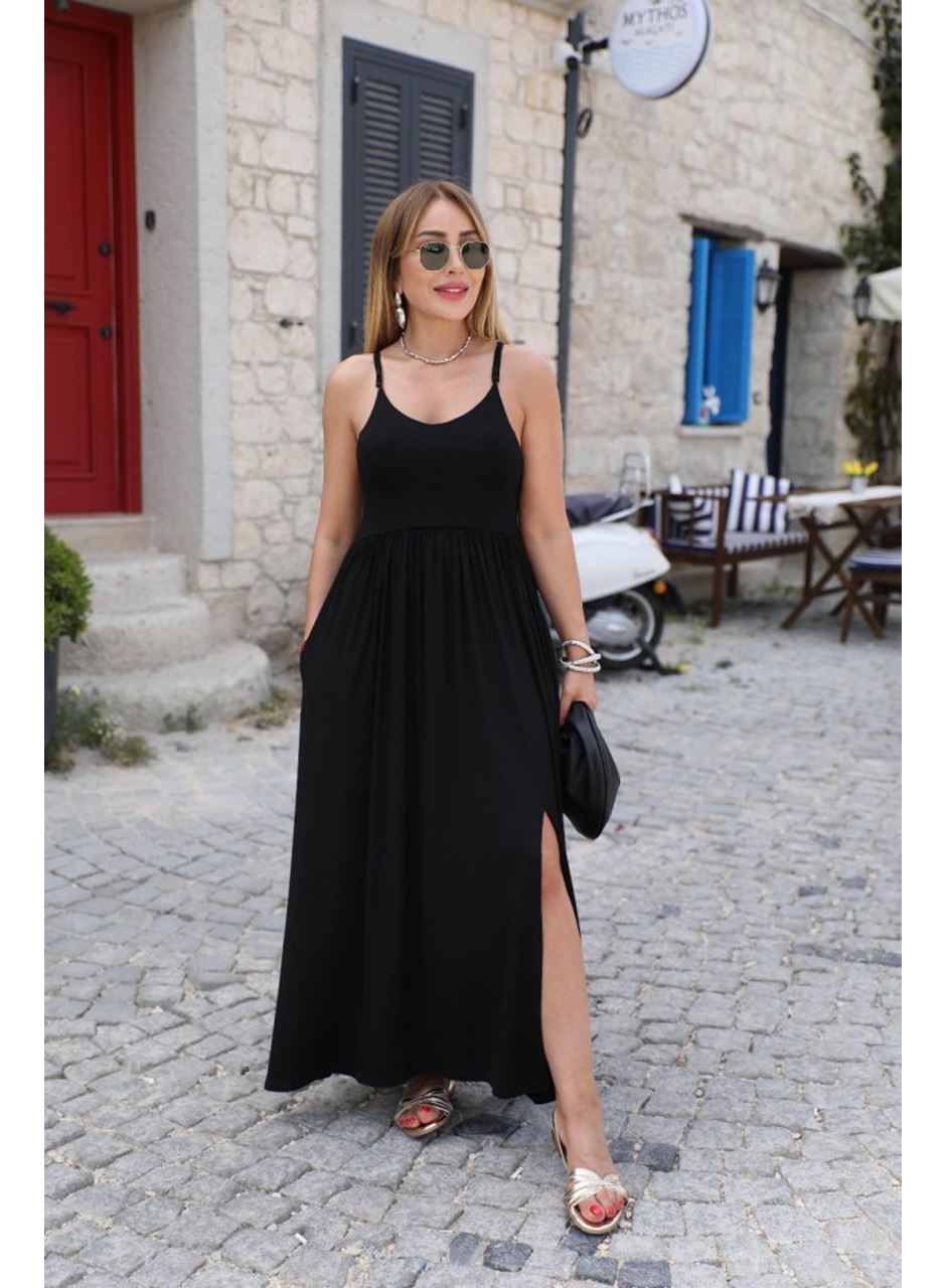 Kadın Sırttan çapraz Bağcıklı Yırtmaçlı Cepli Viskon Elbise