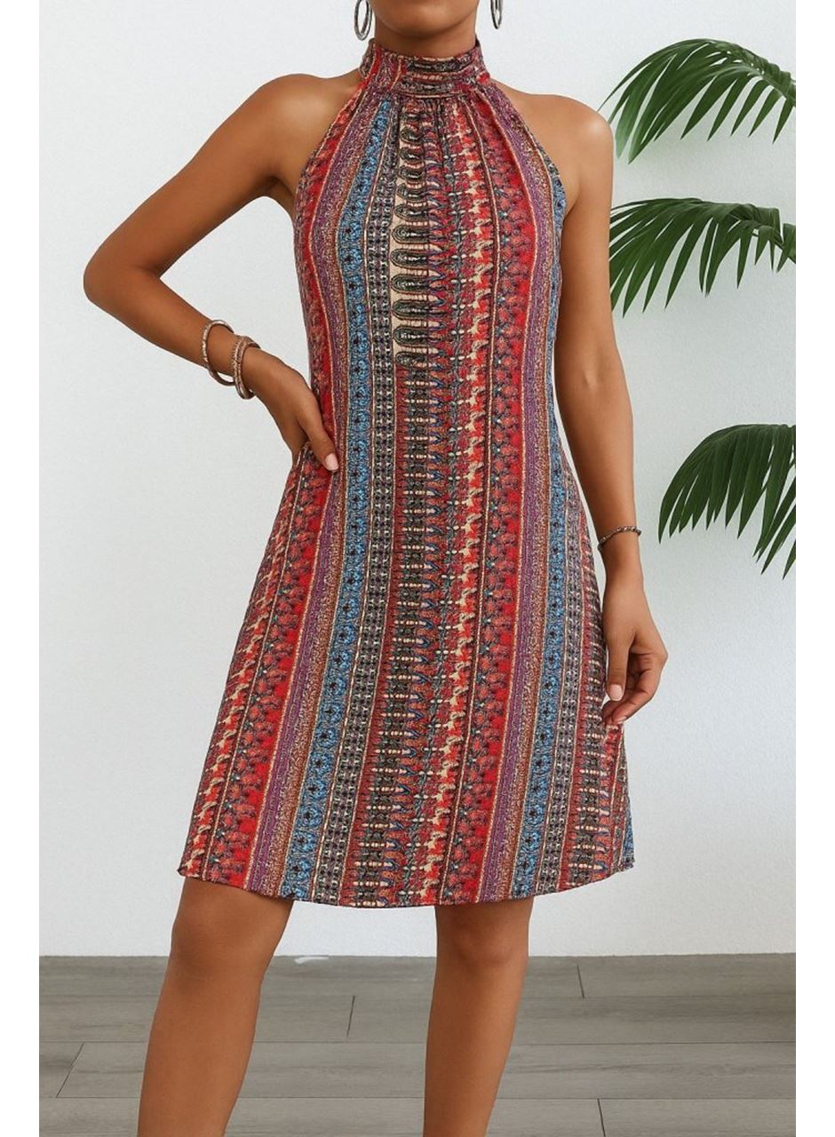 Kadın Kolsuz Boyundan Askılı Desenli Midi Süprem Elbise