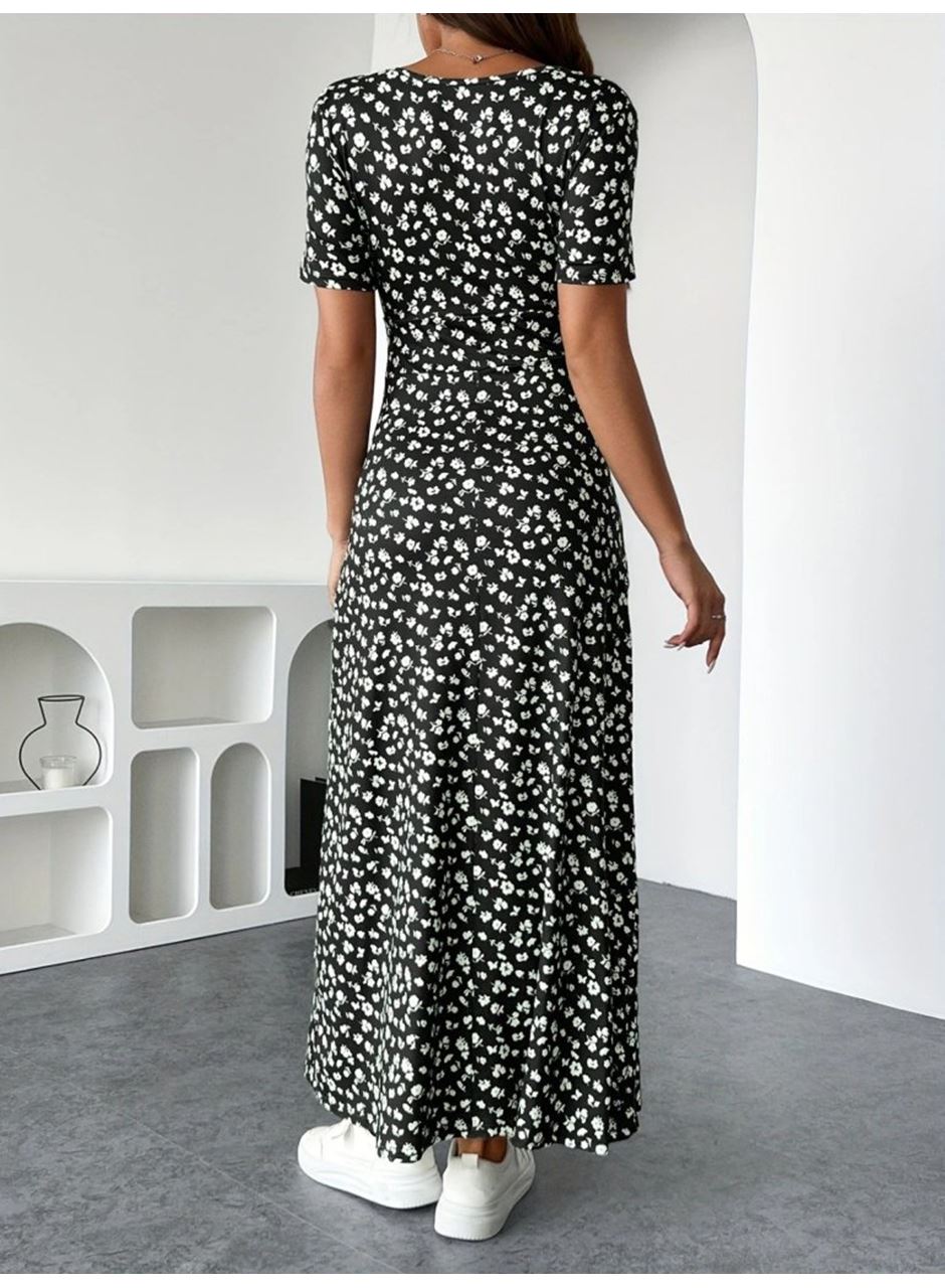 Kadın Kısa Kollu Kruvaze Yakalı çiçek Desenli Süprem Elbise