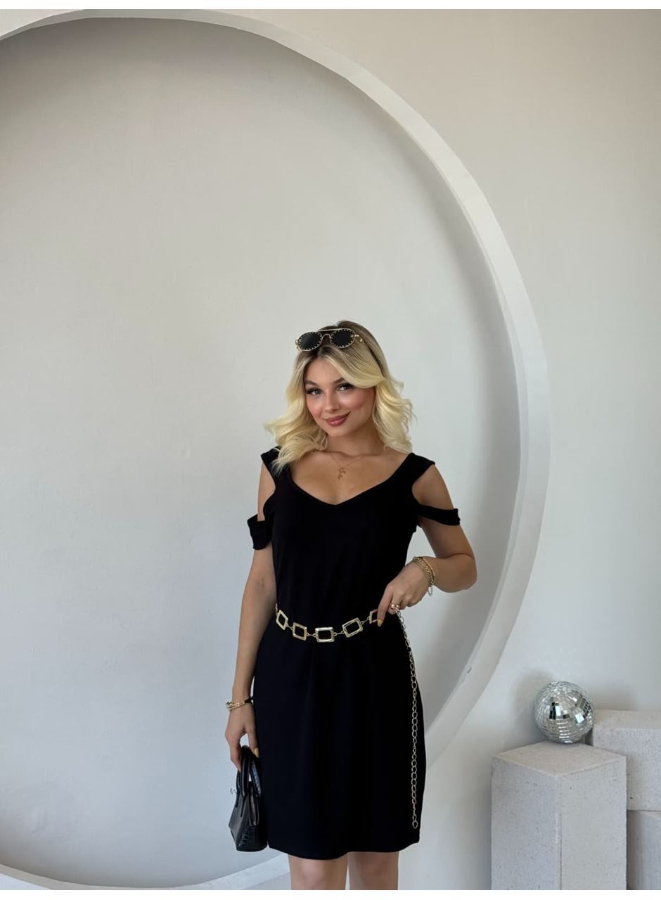 Kadın Askılı Soğuk Omuz Detaylı Modal Elbise