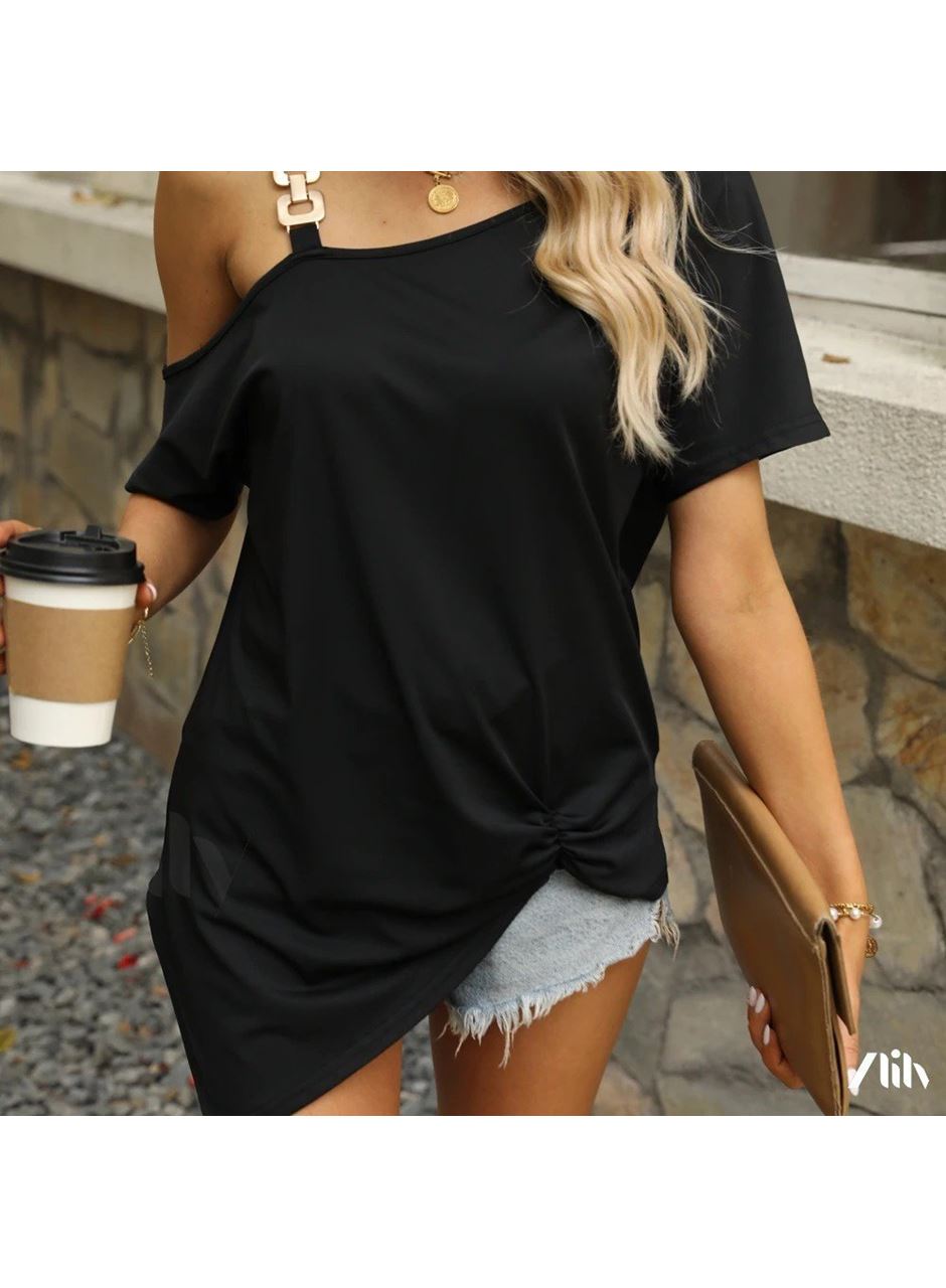 Kadın Tek Omuzu Açık Toka Detaylı Viskon Bluz