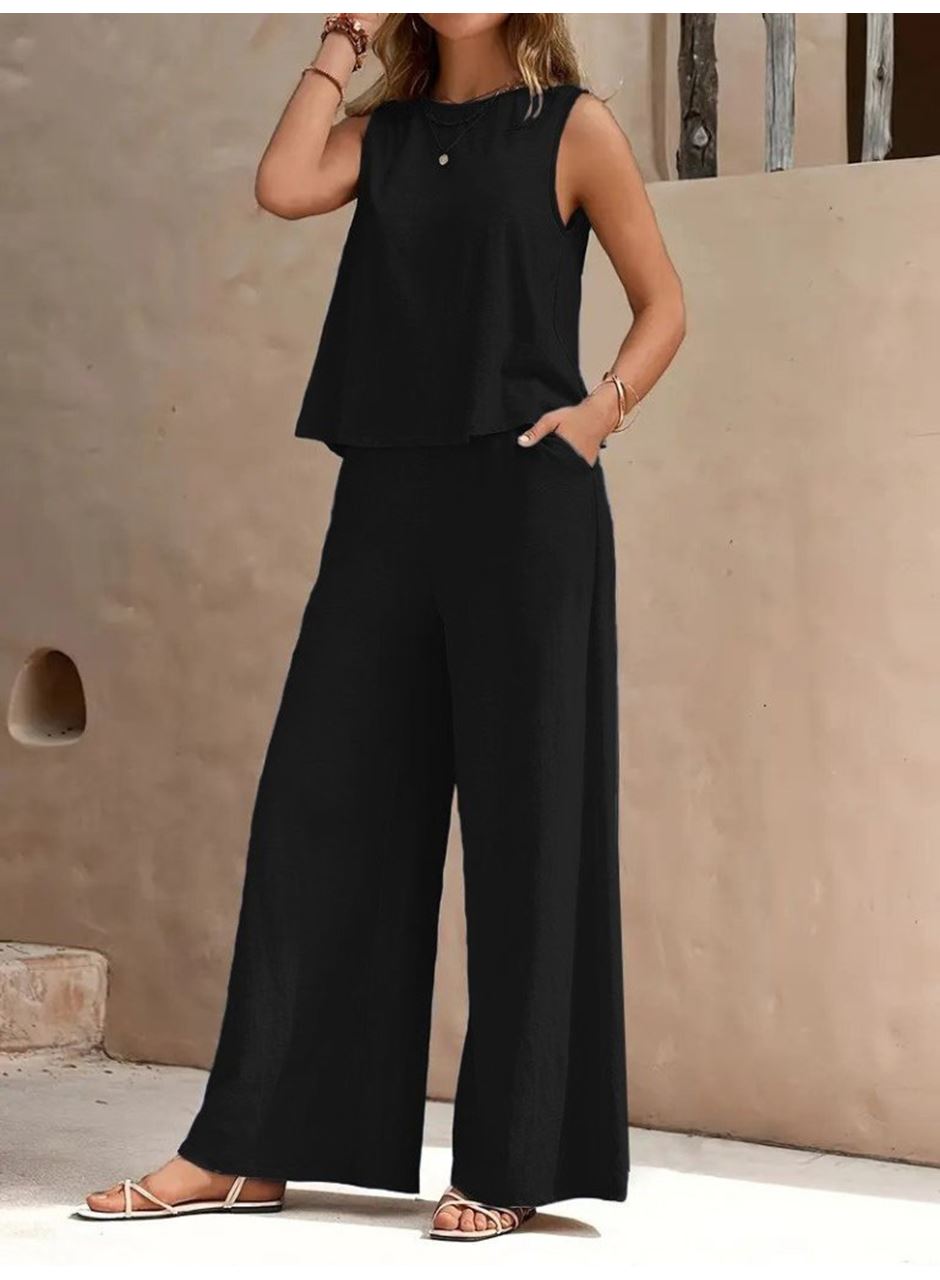 Kadın Sıfır Kollu Bisiklet Yaka Aerobin Bluz Ve Pantolon Ikili Takım