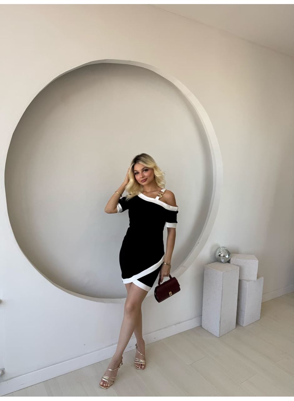 Kadın Kısa Kollu Asimetrik Kesim Yaka şerit Ve Aksesuar Detaylı Modal Elbise