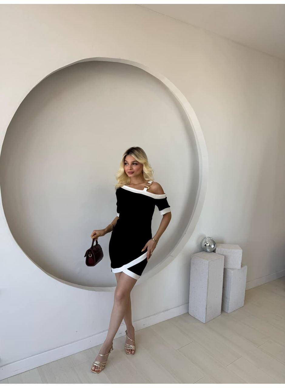 Kadın Kısa Kollu Asimetrik Kesim Yaka şerit Ve Aksesuar Detaylı Modal Elbise