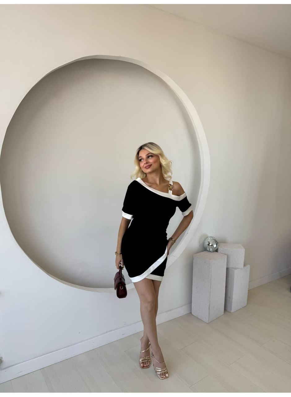 Kadın Kısa Kollu Asimetrik Kesim Yaka şerit Ve Aksesuar Detaylı Modal Elbise