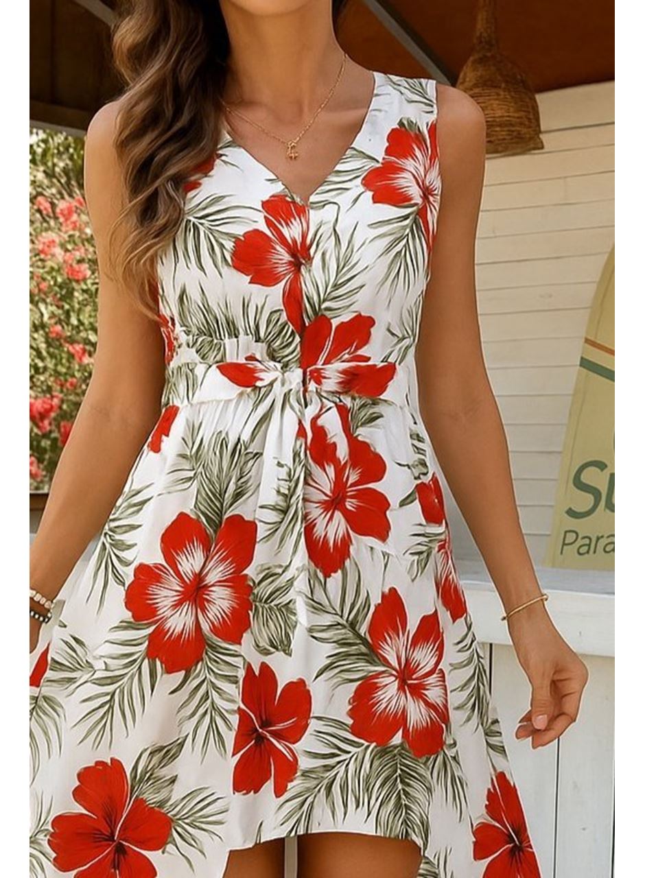 Kadın Kolsuz V Yakalı Desenli Süprem Tulum Elbise