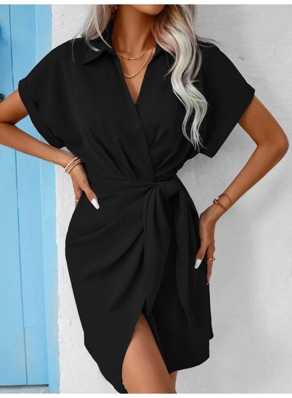 Kadın Kısa Kollu Yakalı Yandan Bağlamalı Dokuma Elbise