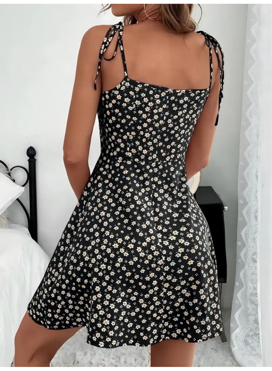 Kadın Ip Askılı Omuzlardan Bağcıklı çiçek Desenli Süprem Elbise