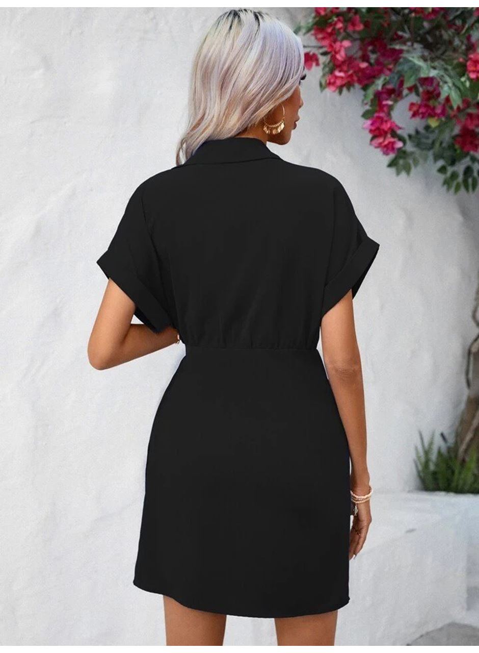Kadın Kısa Kollu Yakalı Yandan Bağlamalı Dokuma Elbise