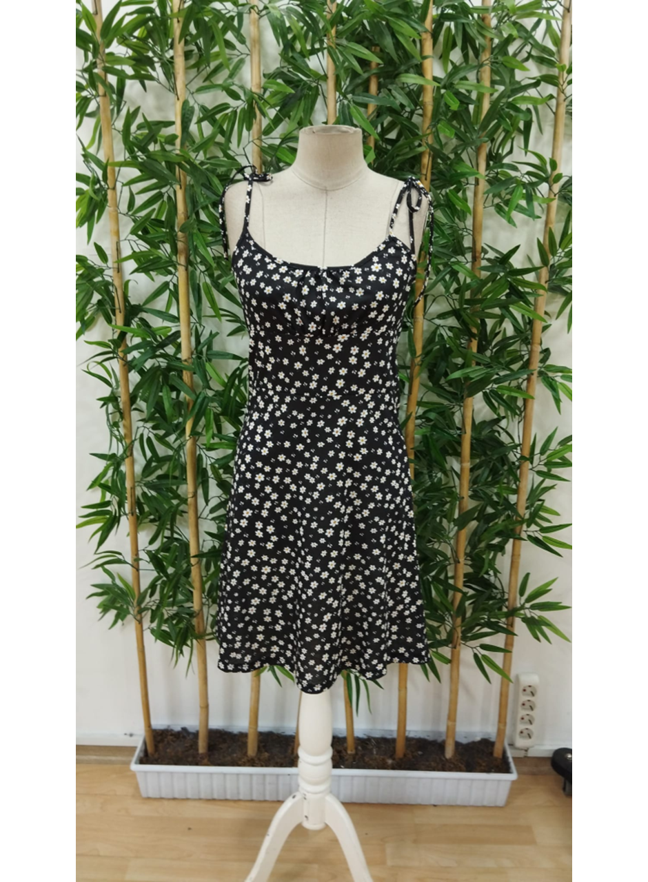 Kadın Ip Askılı Omuzlardan Bağcıklı çiçek Desenli Süprem Elbise