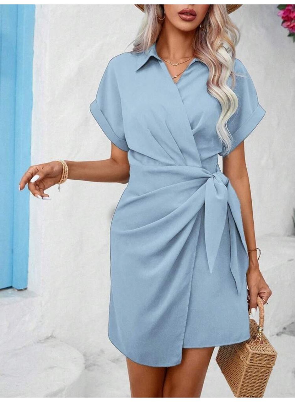 Kadın Kısa Kollu Yakalı Yandan Bağlamalı Dokuma Elbise