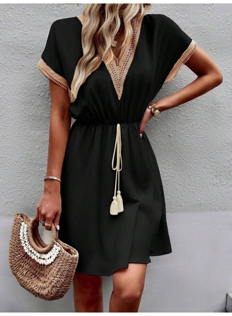 Kadın Kısa Kollu V Yakalı Belinde Bağcıklı Viskon Elbise