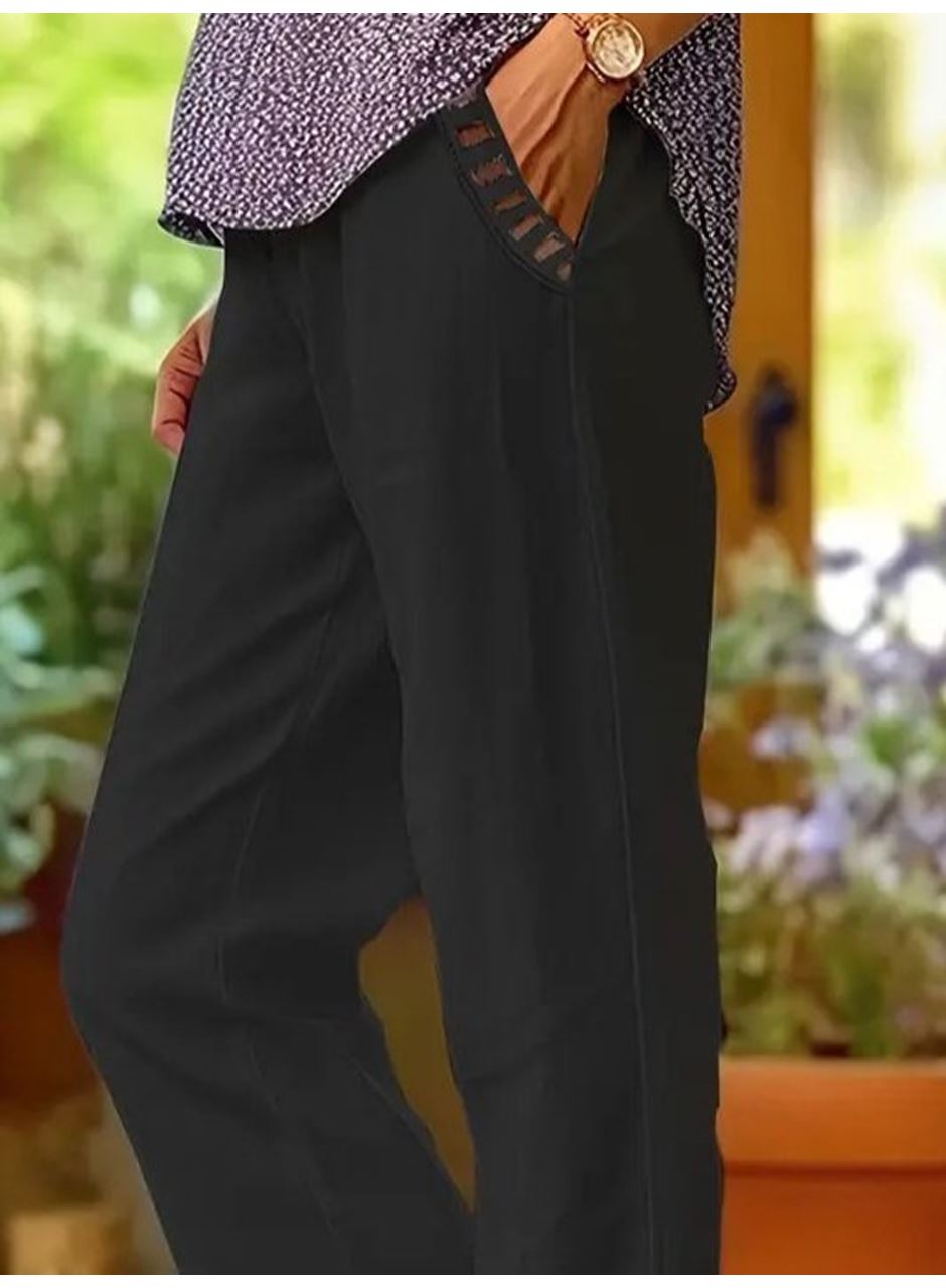 Kadın Beli Lastikli Bağcıklı Cep Ve Pantolon Ucu Güpür Detaylı Pantolon