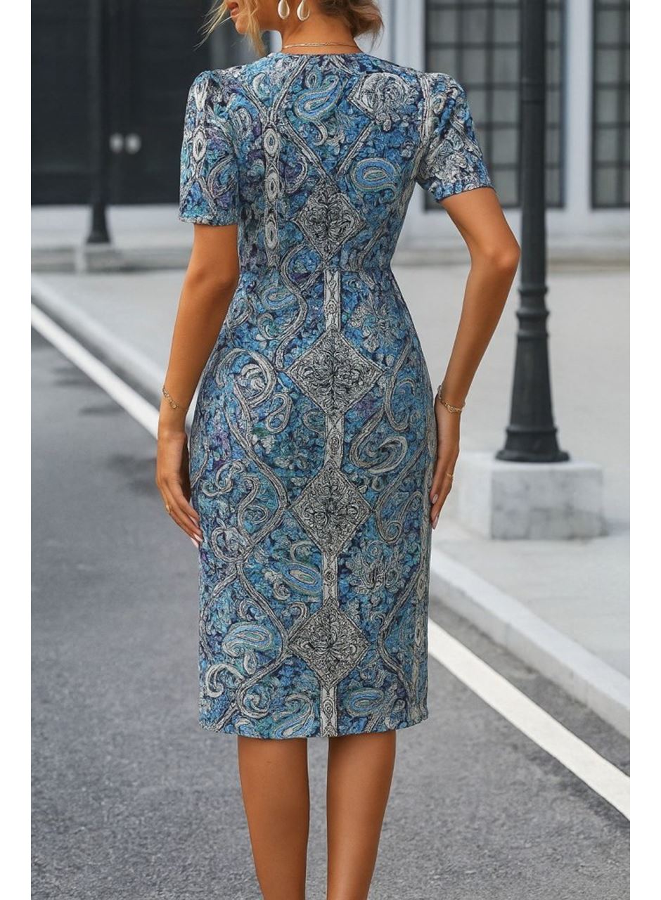 Kadın Kısa Kollu V Yakalı çiçek Desenli Midi Atlas Elbise