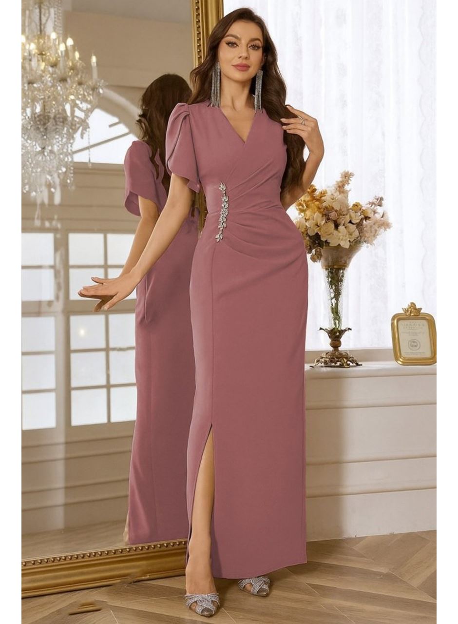 Kadın Kısa Kollu Kruvaze Yakalı Belden çiçek Aksesuarlı Yırtmaçlı Ithal Krep Elbise