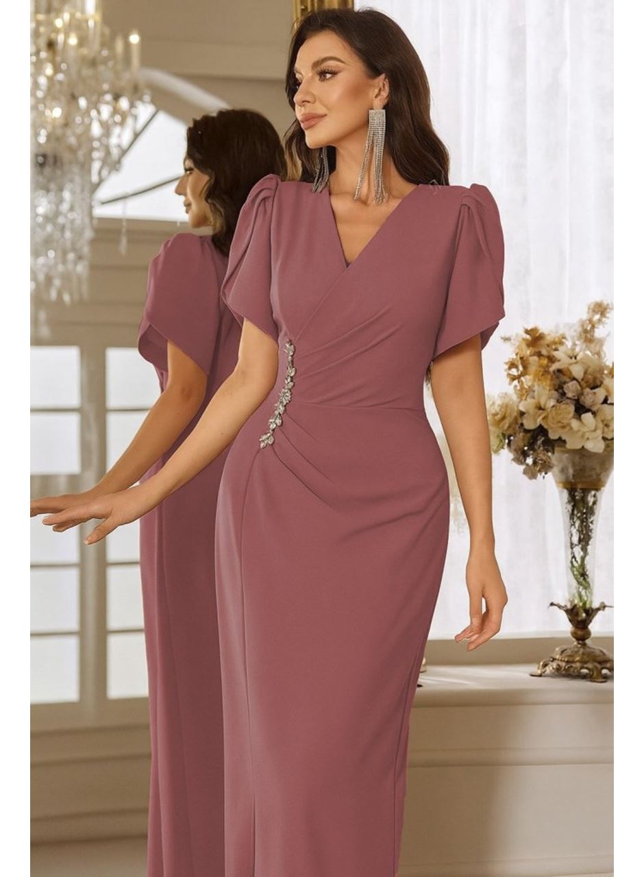 Kadın Kısa Kollu Kruvaze Yakalı Belden çiçek Aksesuarlı Yırtmaçlı Ithal Krep Elbise