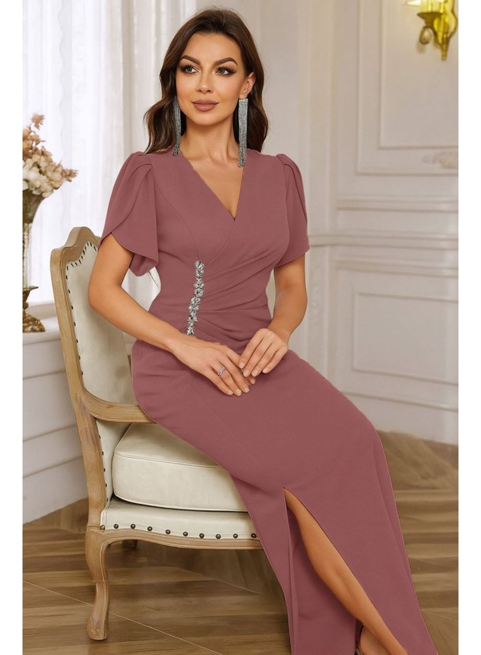 Kadın Kısa Kollu Kruvaze Yakalı Belden çiçek Aksesuarlı Yırtmaçlı Ithal Krep Elbise