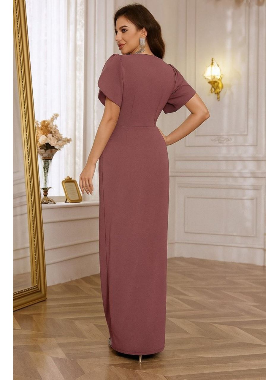 Kadın Kısa Kollu Kruvaze Yakalı Belden çiçek Aksesuarlı Yırtmaçlı Ithal Krep Elbise