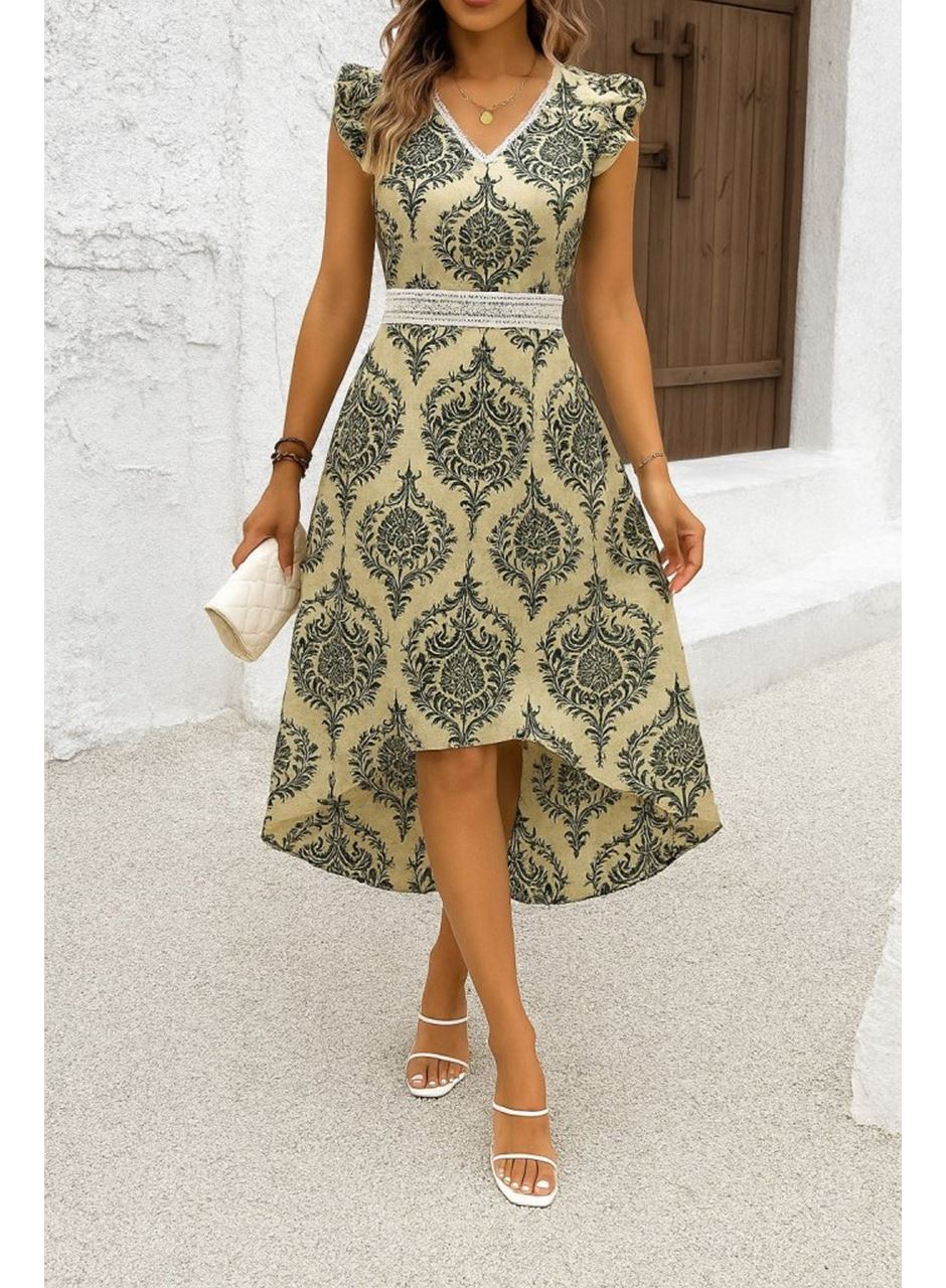 Kadın Kısa Kollu V Yakalı çiçek Desenli önü Kısa Arkası Uzun Pegasus Elbise