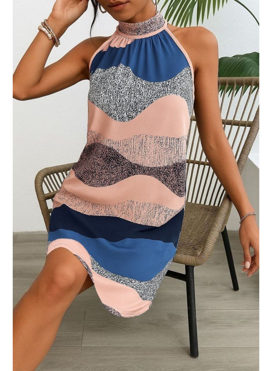 Kadın Kolsuz Boyundan Askılı Desenli Midi Süprem Elbise