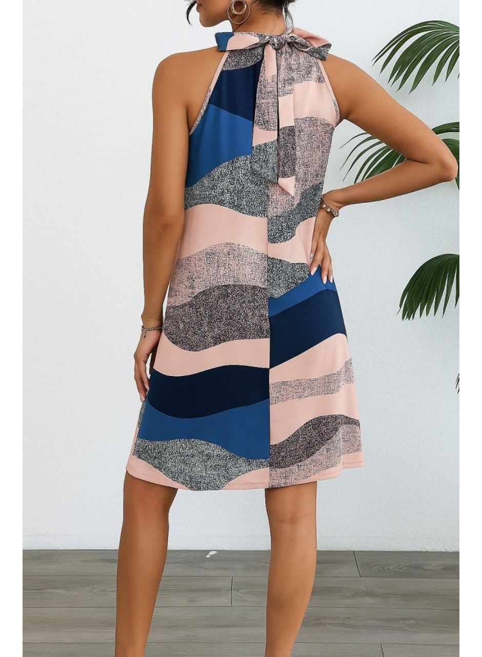 Kadın Kolsuz Boyundan Askılı Desenli Midi Süprem Elbise