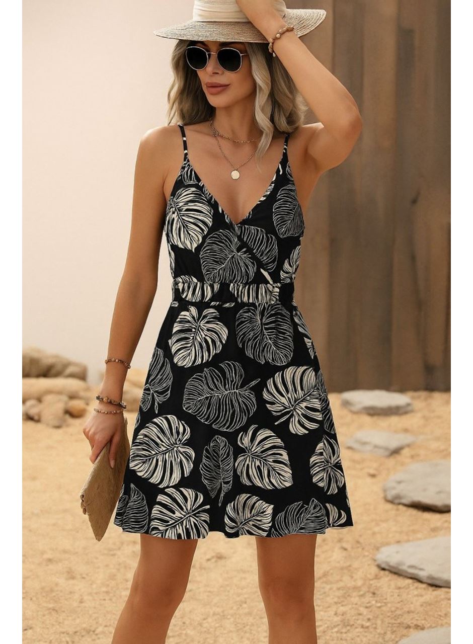 Kadın Ip Askılı Kruvaze Yakalı Beli Lastikli Kısa Desenli Süprem Elbise