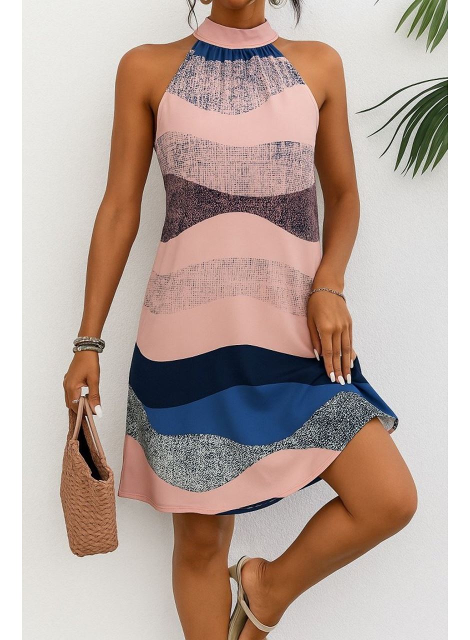 Kadın Kolsuz Boyundan Askılı Desenli Midi Süprem Elbise