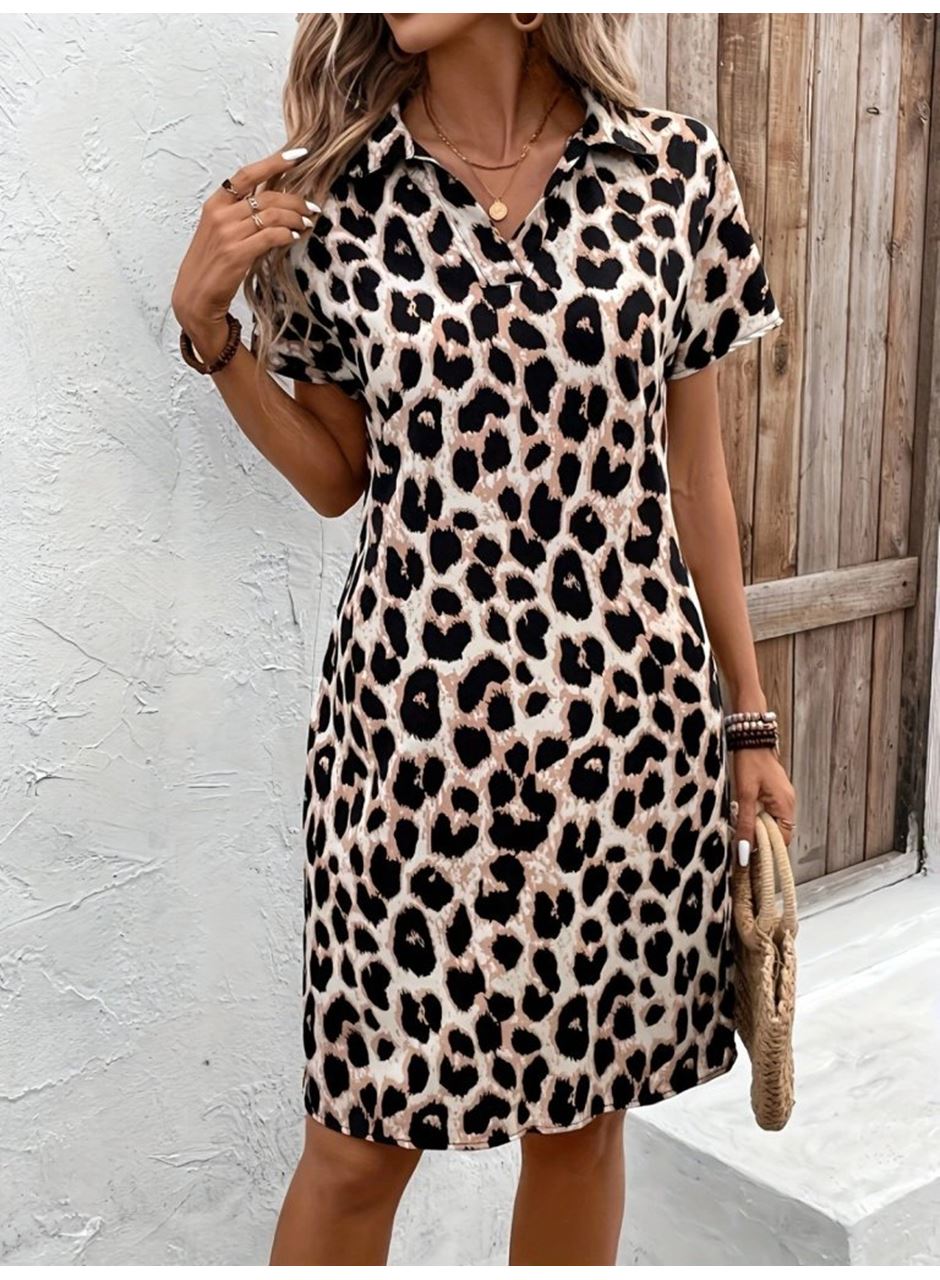 Kadın Kısa Kollu Yakalı Leopar Desenli Süprem Elbise