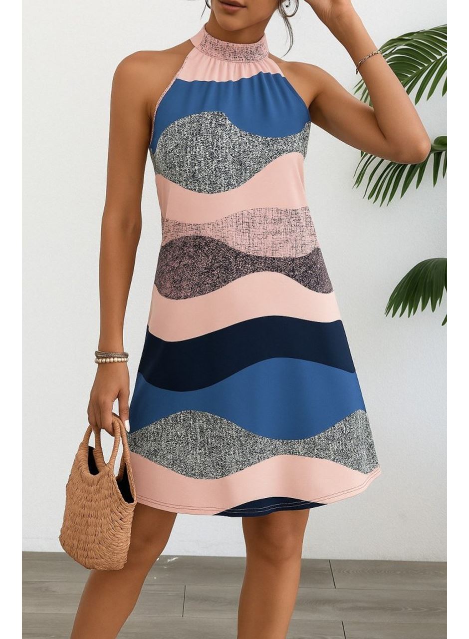 Kadın Kolsuz Boyundan Askılı Desenli Midi Süprem Elbise