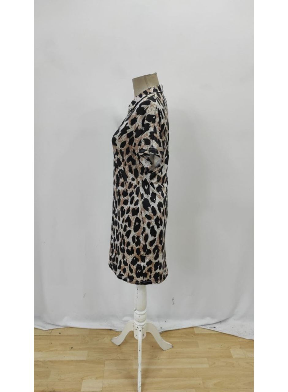 Kadın Kısa Kollu Yakalı Leopar Desenli Süprem Elbise