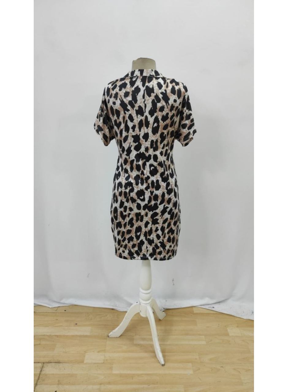 Kadın Kısa Kollu Yakalı Leopar Desenli Süprem Elbise