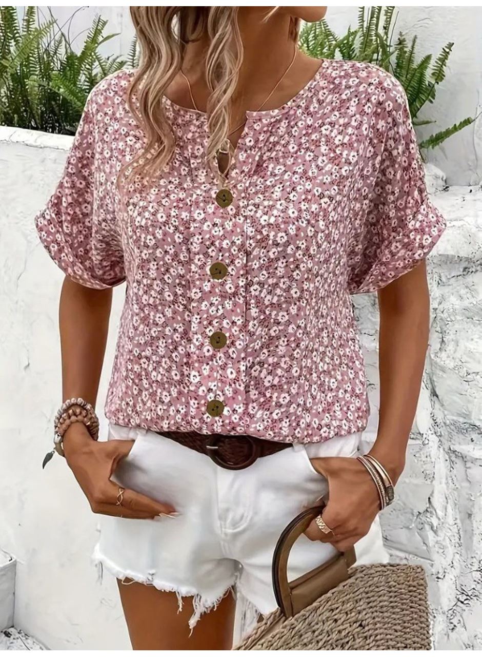 Kadın Kısa Kollu çentikli V Yaka Ve Düğme Detaylı çiçek Desenli Süprem Bluz
