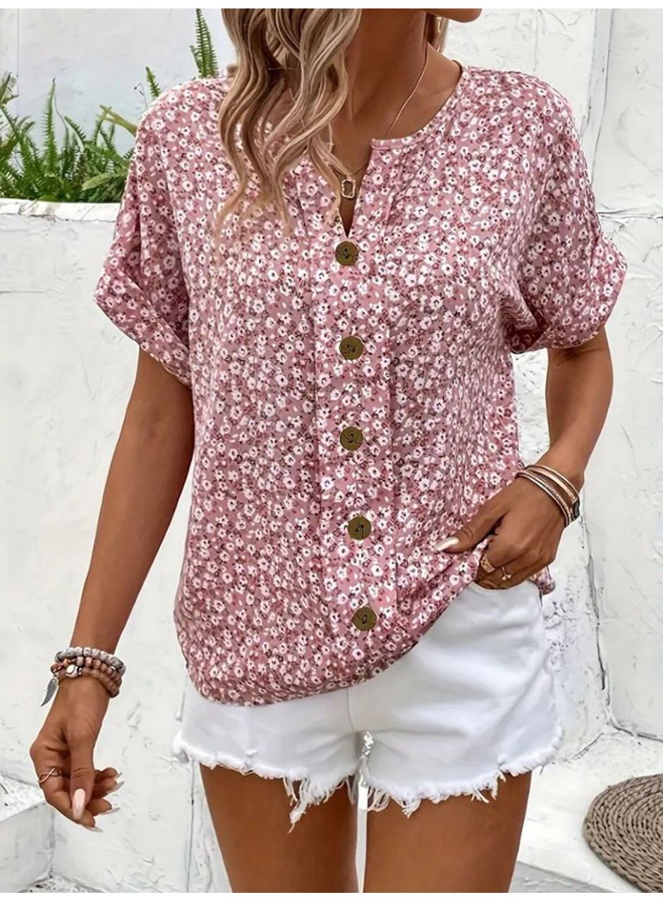 Kadın Kısa Kollu çentikli V Yaka Ve Düğme Detaylı çiçek Desenli Süprem Bluz