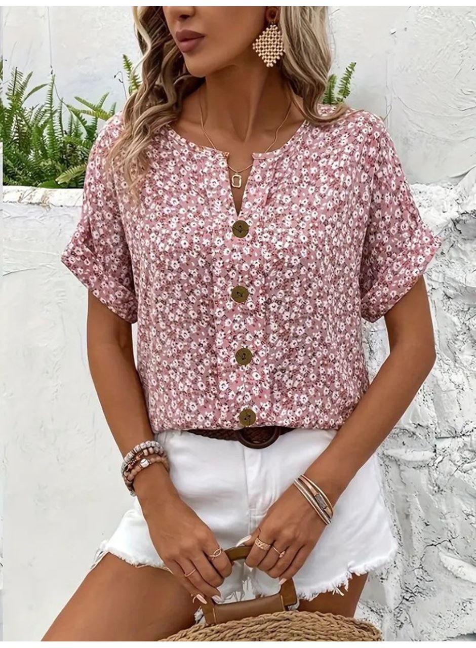 Kadın Kısa Kollu çentikli V Yaka Ve Düğme Detaylı çiçek Desenli Süprem Bluz