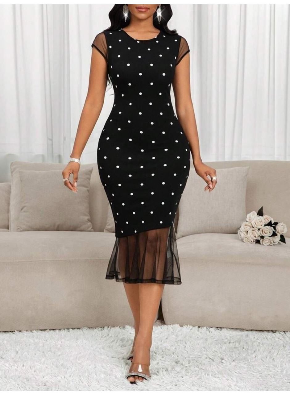 Kadın Kısa Kollu Bisiklet Yakalı Puantiyeli Tül Detaylı örme Krep Elbise