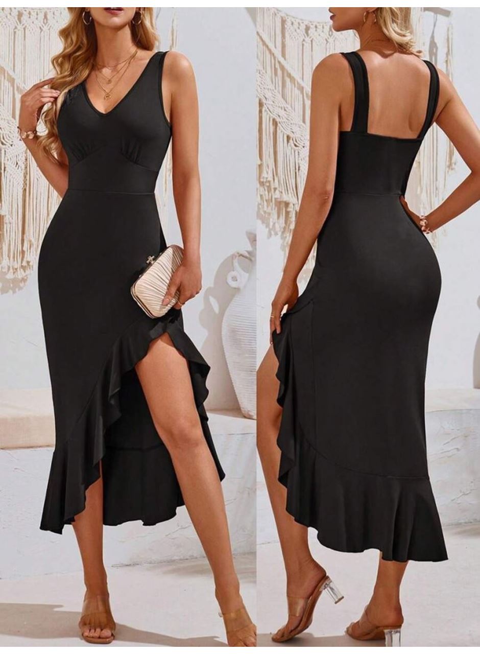 Kadın Askılı V Yakalı önden Fırfırlı Uzun Dalgıç Elbise