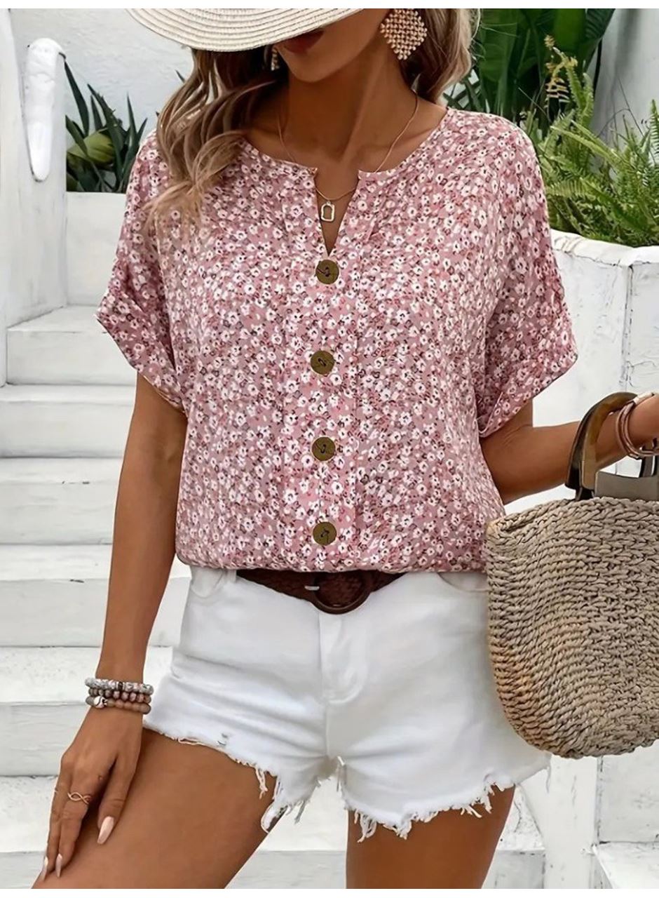 Kadın Kısa Kollu çentikli V Yaka Ve Düğme Detaylı çiçek Desenli Süprem Bluz