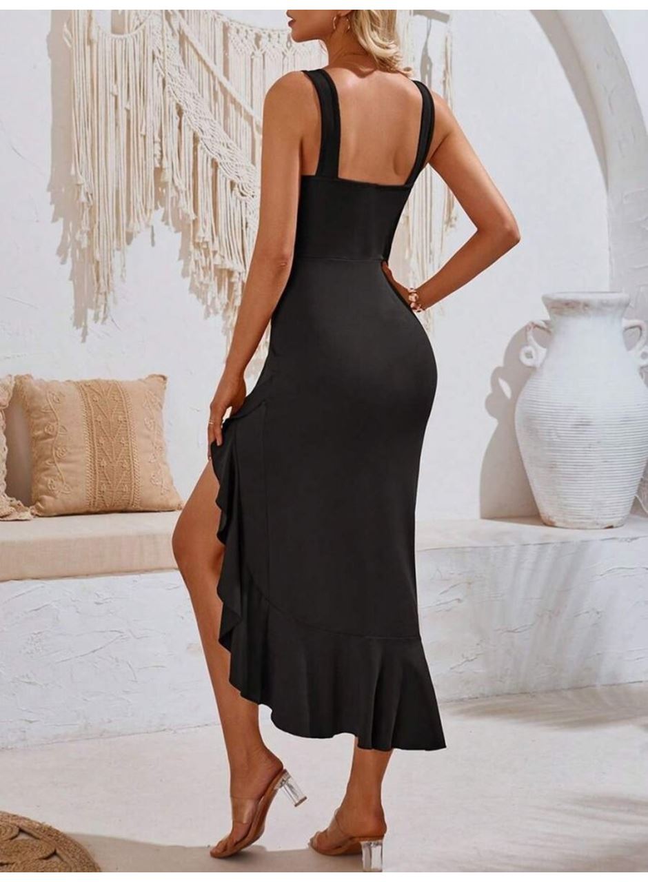 Kadın Askılı V Yakalı önden Fırfırlı Uzun Dalgıç Elbise