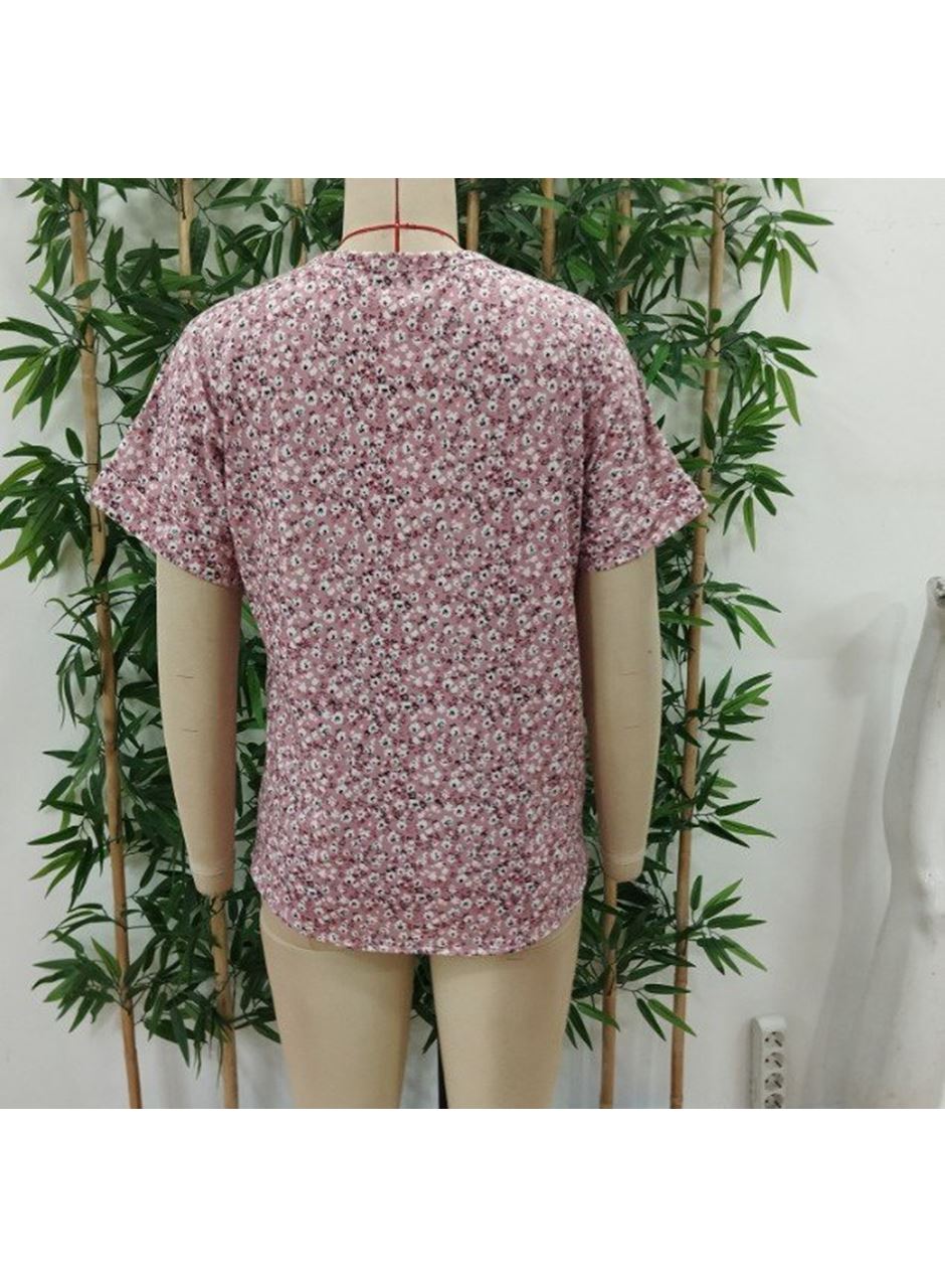 Kadın Kısa Kollu çentikli V Yaka Ve Düğme Detaylı çiçek Desenli Süprem Bluz