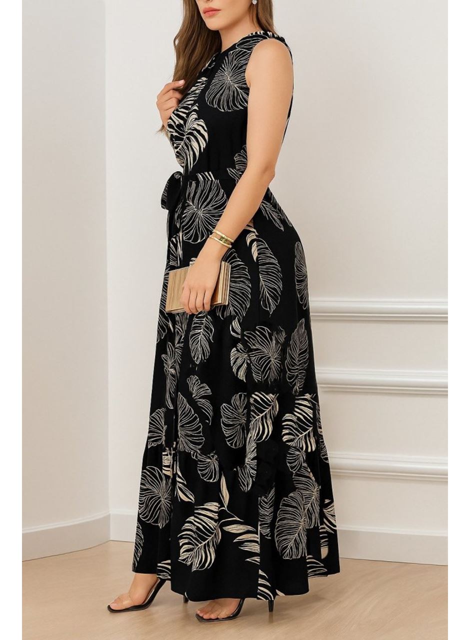 Kadın Sıfır Kok Bağcıklı Kemerli Etek Ucu Fırfırlı Desenli Süprem Elbise